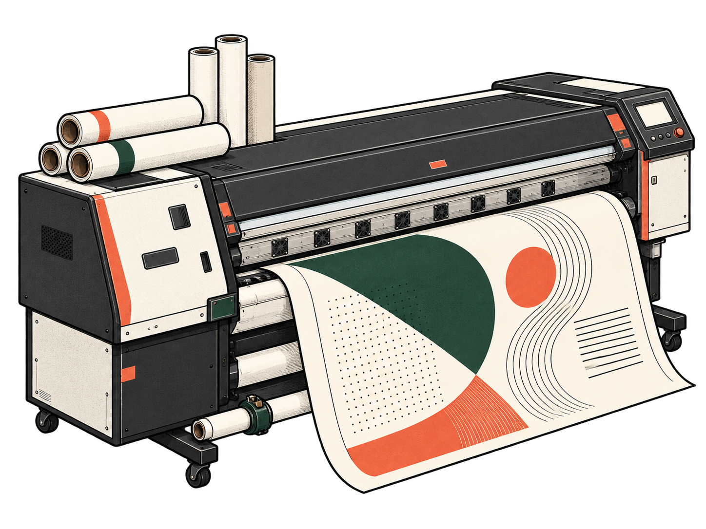 Illustrated printing machine producing a geometric print